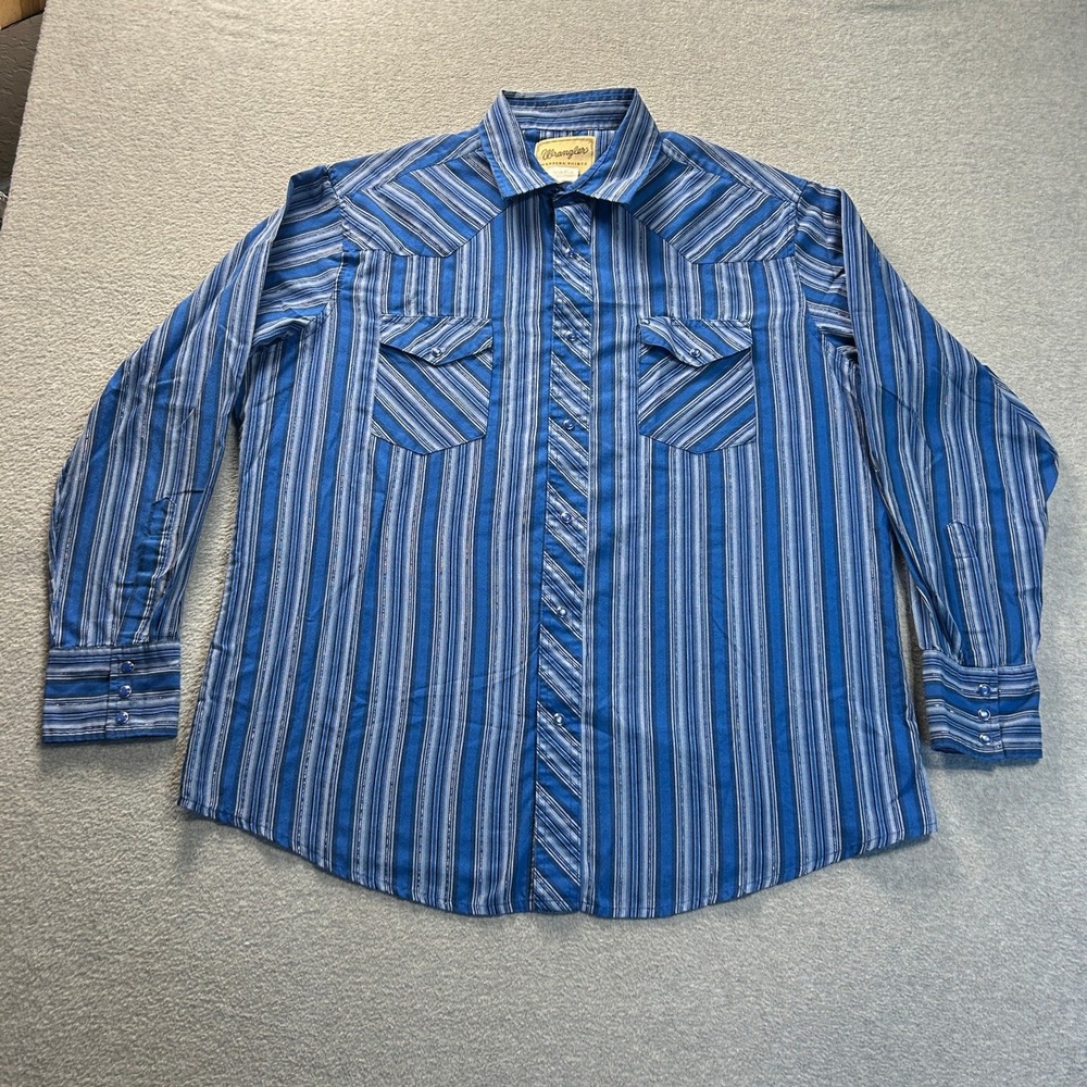 Wrangler Western Cowboy Shirt Mens XL Blue Stripe Pearl Snap Long Sleeve